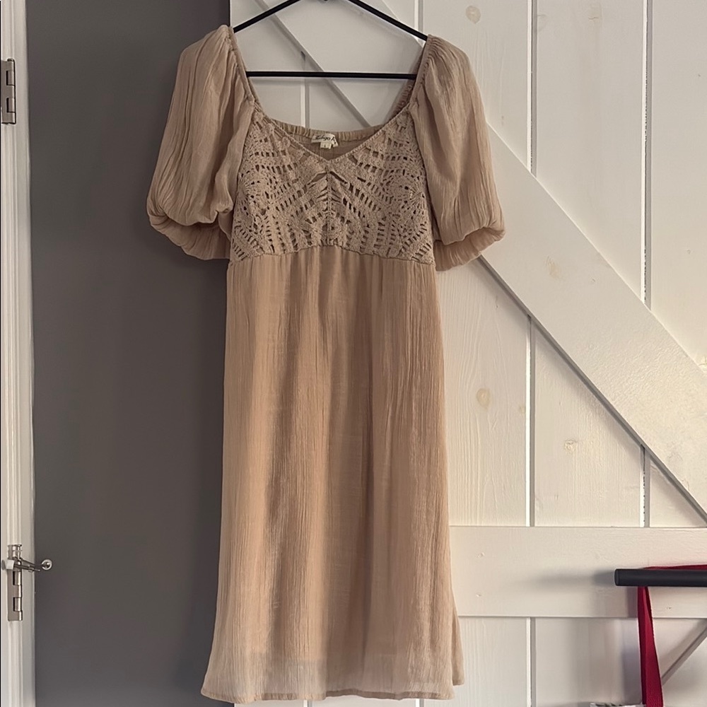 Tan Puff Sleeve Midi Sundress for Wedding Guest